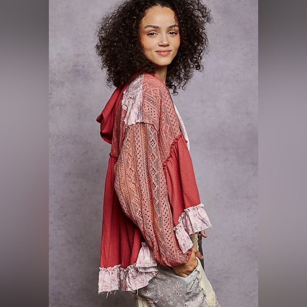 POL Cranberry Crochet Ruffle Jacket NIP